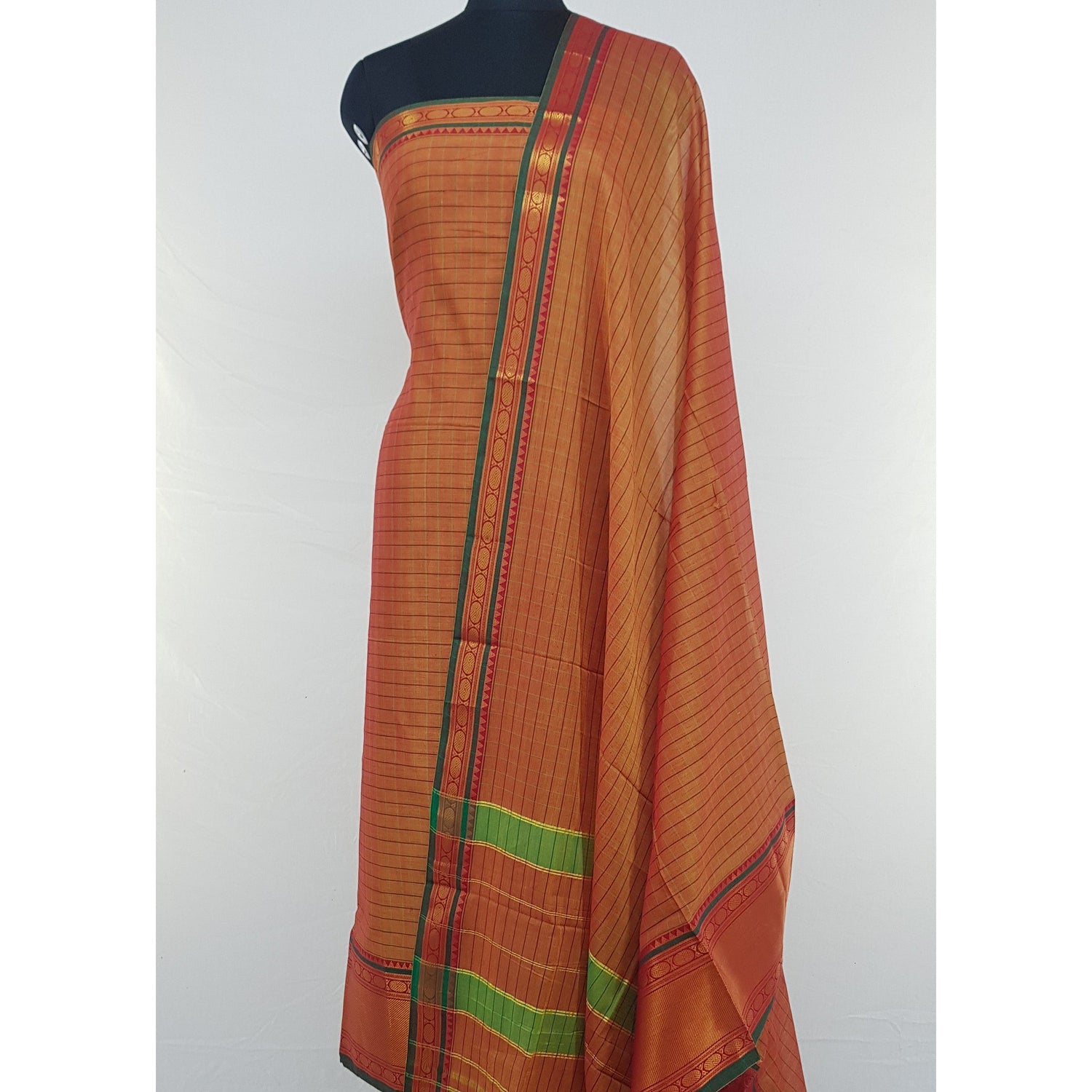 Carrot Orange Color Narayanpet Cotton Salwar set with all over checks Zari Border - Vinshika