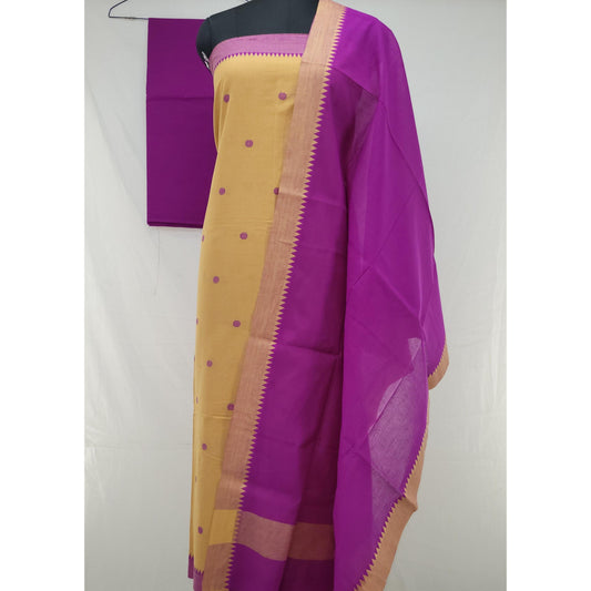 Yellow Gold Cotton Top with Delicate Buttis, Paired with a Rich Falsa Dupatta & Bottom – Elegant 3-Piece Salwar Set - Vinshika