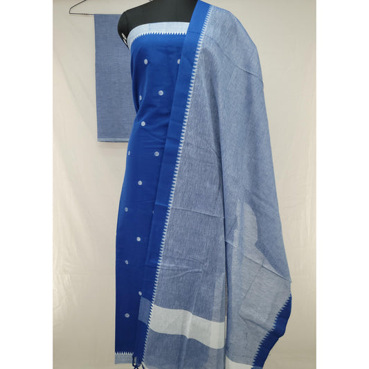 Ink Blue Cotton Top with Elegant Buttis, Paired with a Sky Blue Dupatta & Bottom – A Graceful 3-Piece Salwar Set - Vinshika
