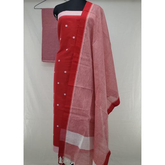 Elegant Red Cotton Top with Intricate Buttis, Beautifully Paired with a Soft Light Pink Dupatta & Bottom – A Graceful 3-Piece Salwar Set - Vinshika