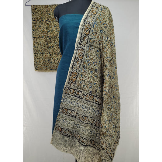 Moon Light Blue Mangalagiri Cotton Top Paired with Hand-Printed Kalamkari Dupatta & Bottom –  (3-Piece Salwar Set) - Vinshika