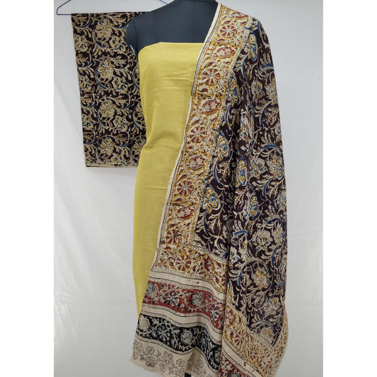 Tawny Olive Mangalagiri Cotton Top Paired with Hand-Printed Kalamkari Dupatta & Bottom –  (3-Piece Salwar Set) - Vinshika