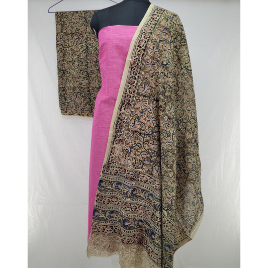 Candy Pink Mangalagiri Cotton Top Paired with Hand Printed Kalamkari Dupatta and Bottom –  (3-Piece Salwar Set) - Vinshika