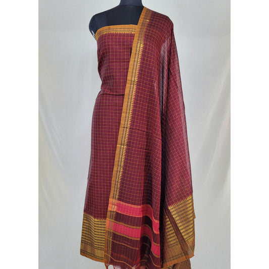 Maroon Color Narayanpet Cotton Salwar set with all over checks Zari Border - Vinshika