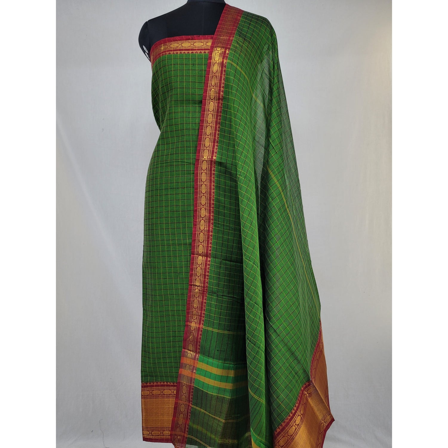 Green Color Narayanpet Cotton Salwar set with all over checks Zari Border - Vinshika