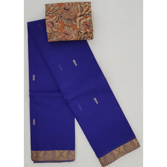 True Blue Color Venkatagiri Handloom Cotton Saree - Vinshika
