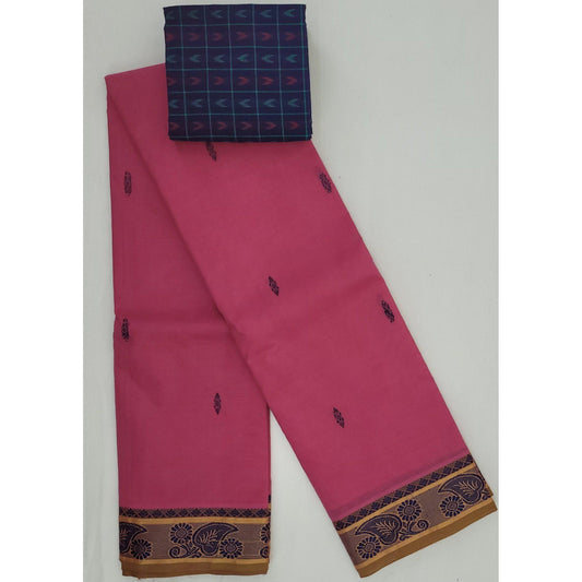 Bubble Gum Color Venkatagiri Handloom Cotton Saree - Vinshika