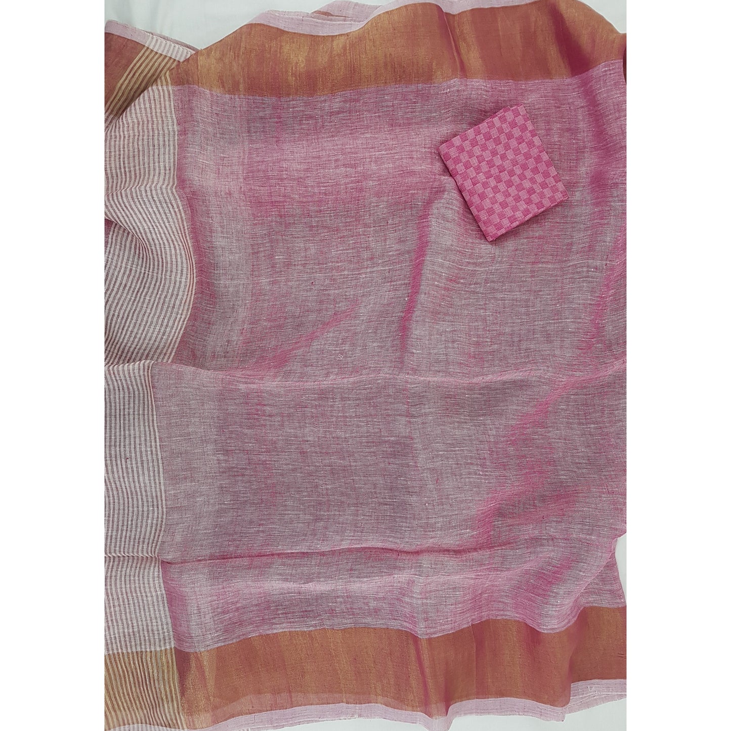 Premium Handwoven Linen pink with golden zari border saree - Vinshika