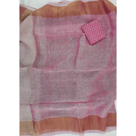 Premium Handwoven Linen pink with golden zari border saree - Vinshika