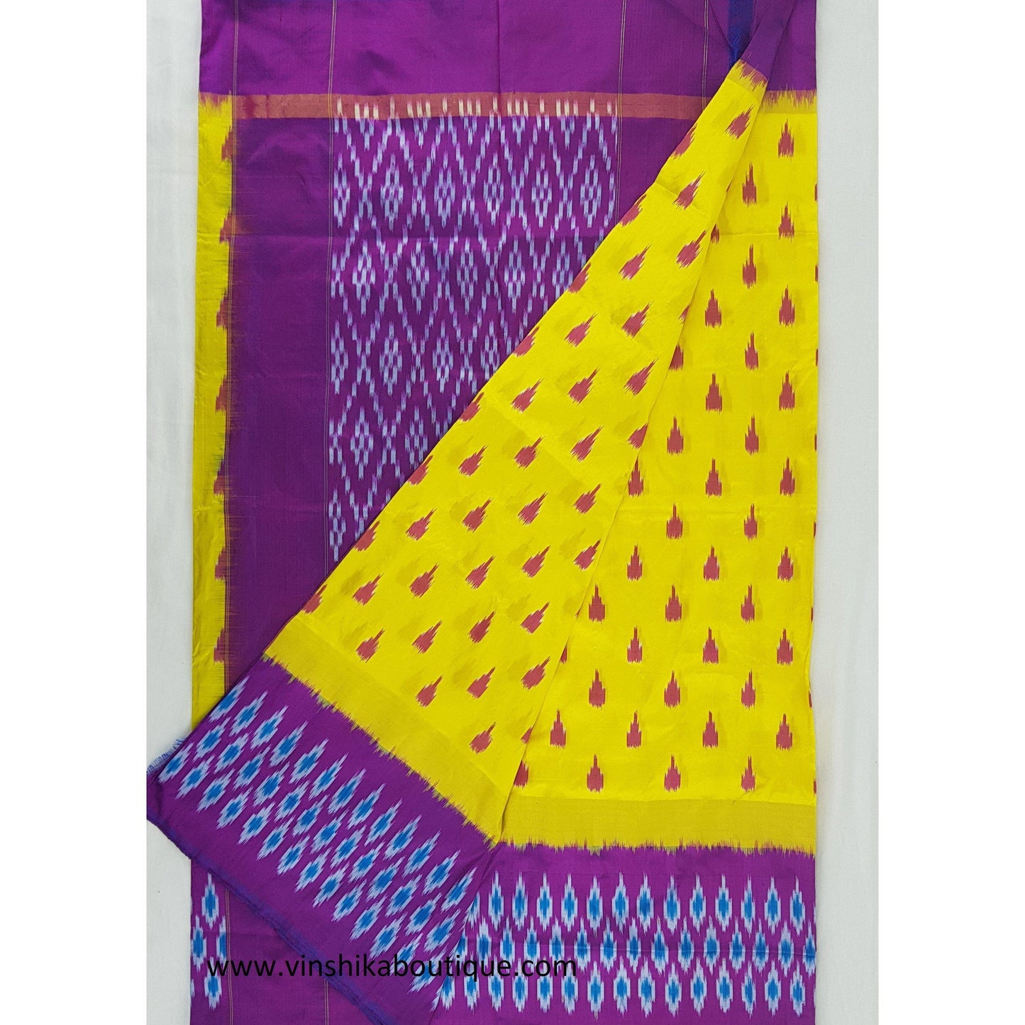 Ikat yellow and purple color handwoven silk saree - Vinshika