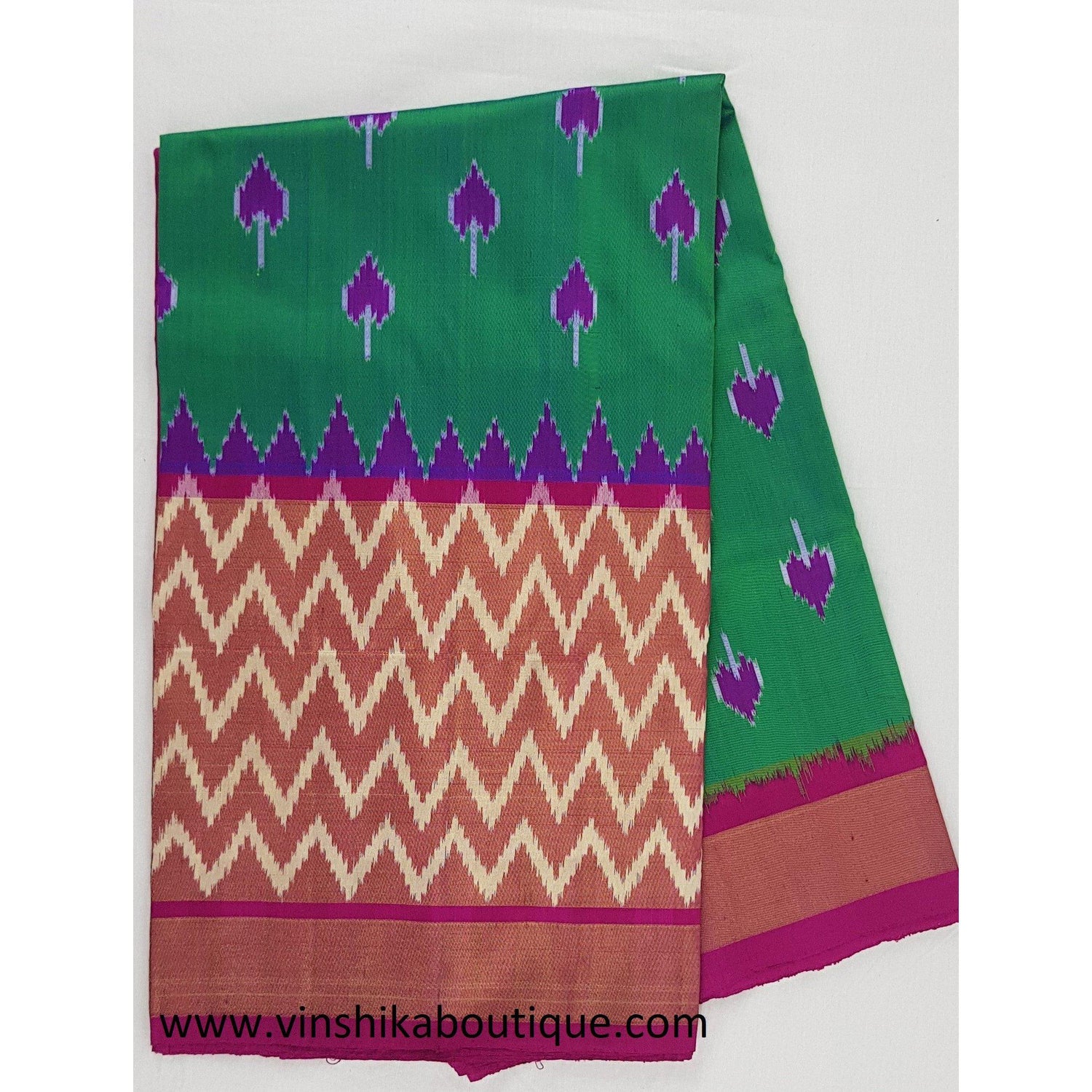 Ikat green and pink color handwoven silk saree - Vinshika