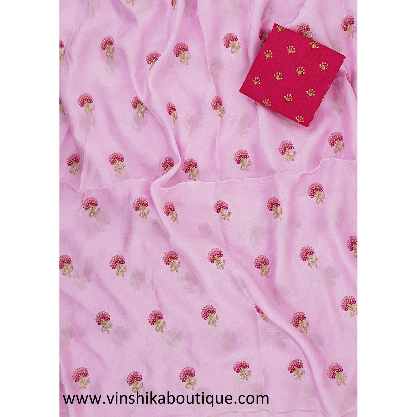 Pink color butti work Jute silk saree with rani pink color butti work blouse piece designer - Vinshika