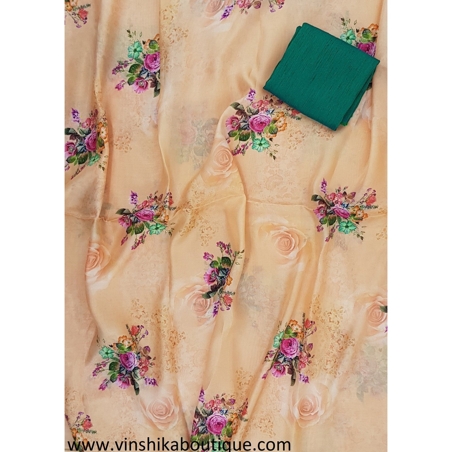 Beige color jute silk floral digital print saree with green color raw silk plain blouse designer - Vinshika