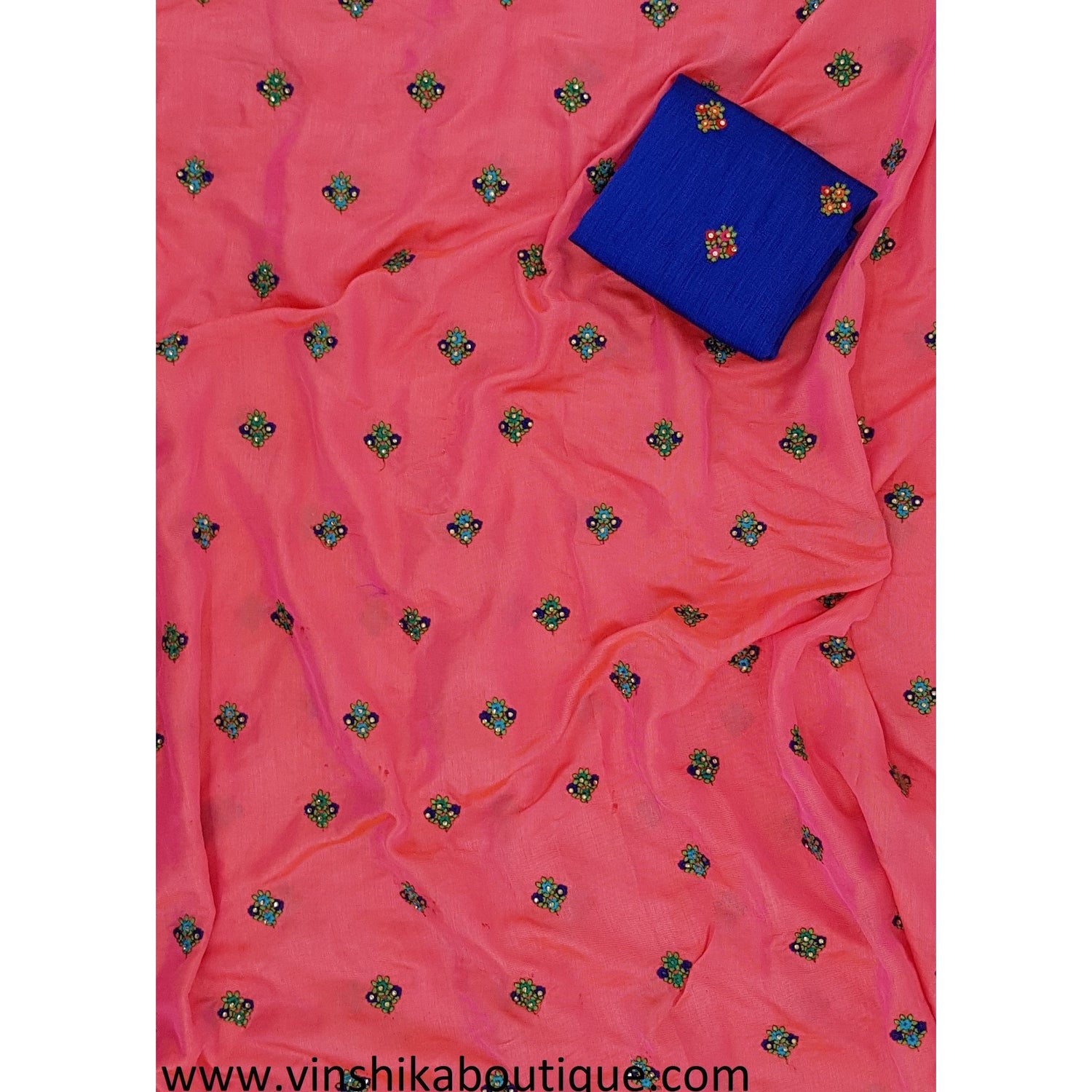 Peach shade dark Pink linen butti work saree with royal blue butti raw silk blouse piece designer - Vinshika