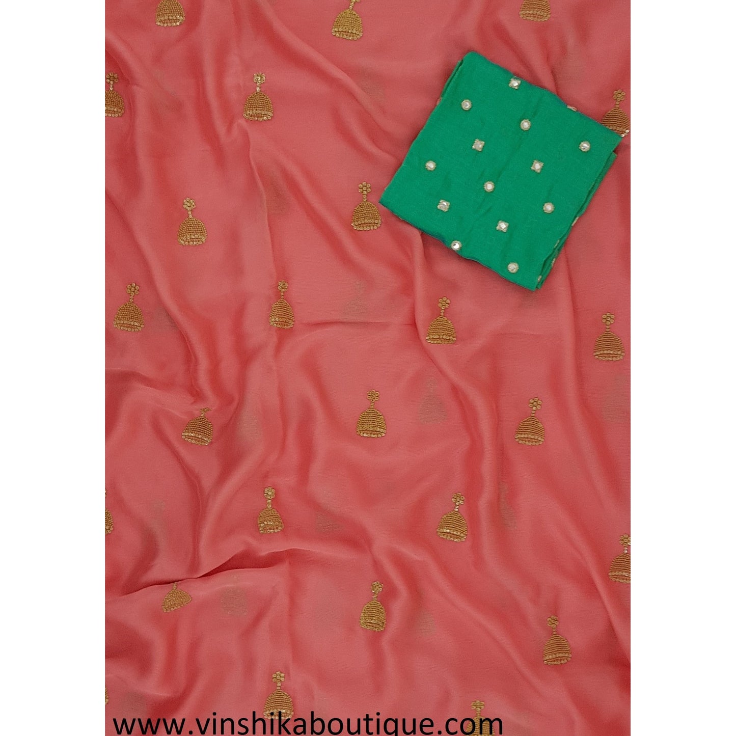 Peach color butti work saree with pista green color butti work jute silk blouse piece designer - Vinshika