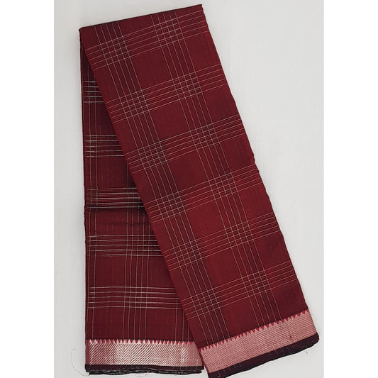 Maroon and black color mangalagiri silk saree with silver zari border - Vinshika