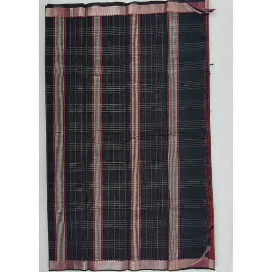 Maroon and black color mangalagiri silk saree with silver zari border - Vinshika