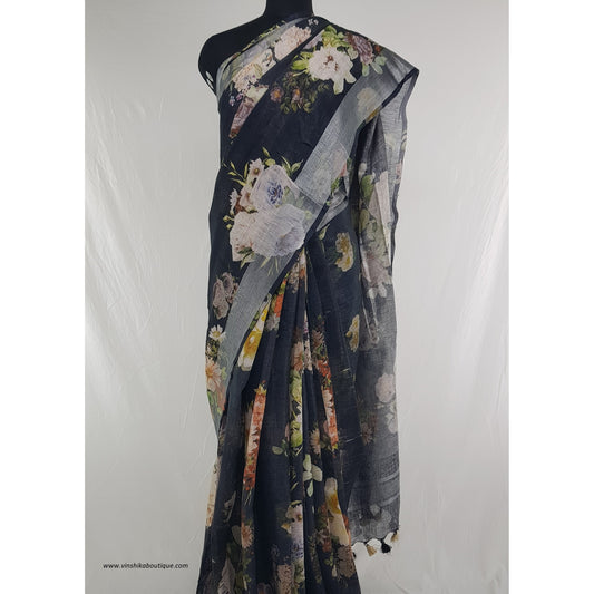 Handwoven premium digital print linen saree - Vinshika