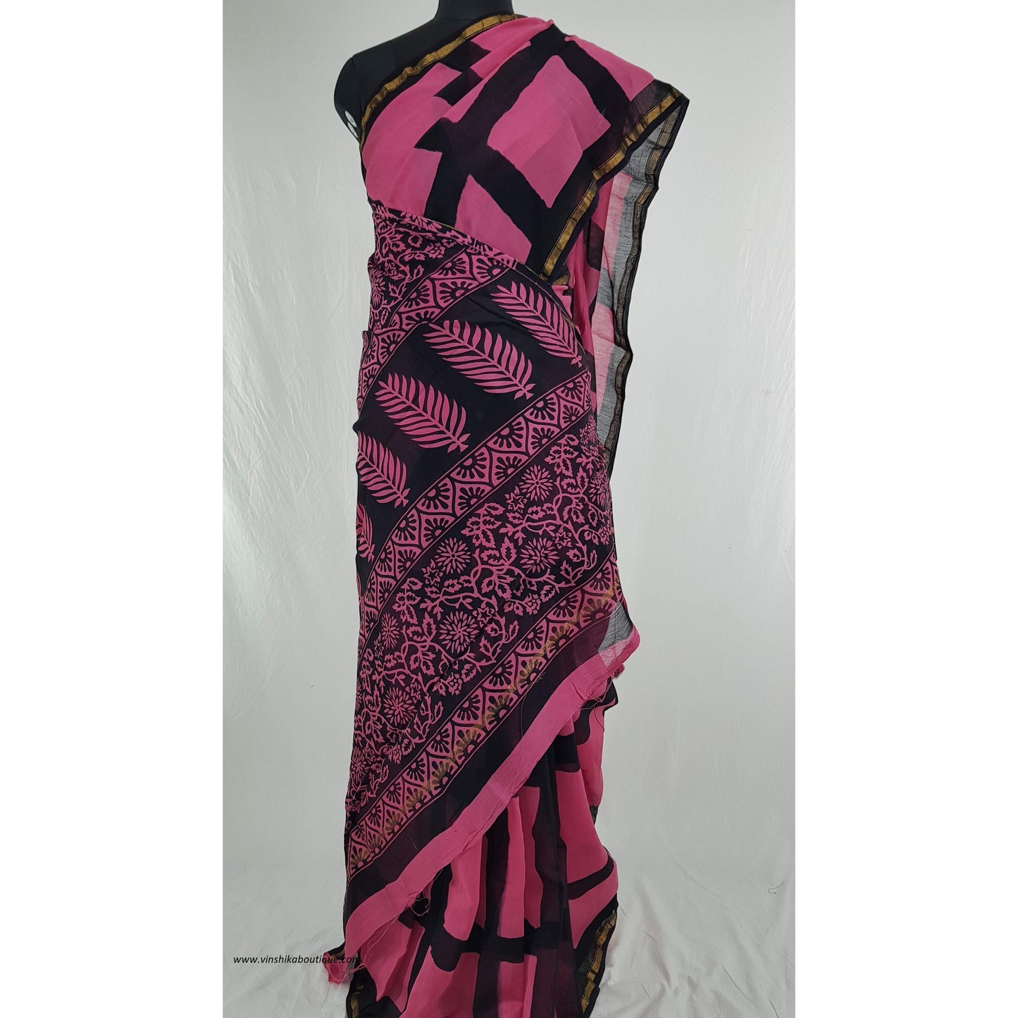 Pink and black color Bagru batik Natural Colors Chanderi Saree With small zari border - Vinshika