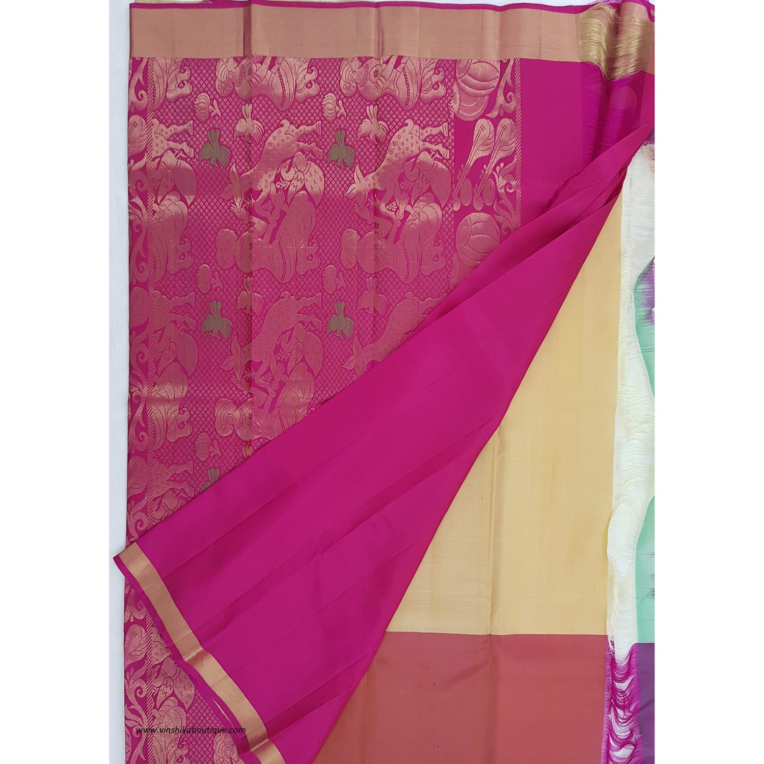 Cream and Pink Kanjeevaram silk saree - Vinshika