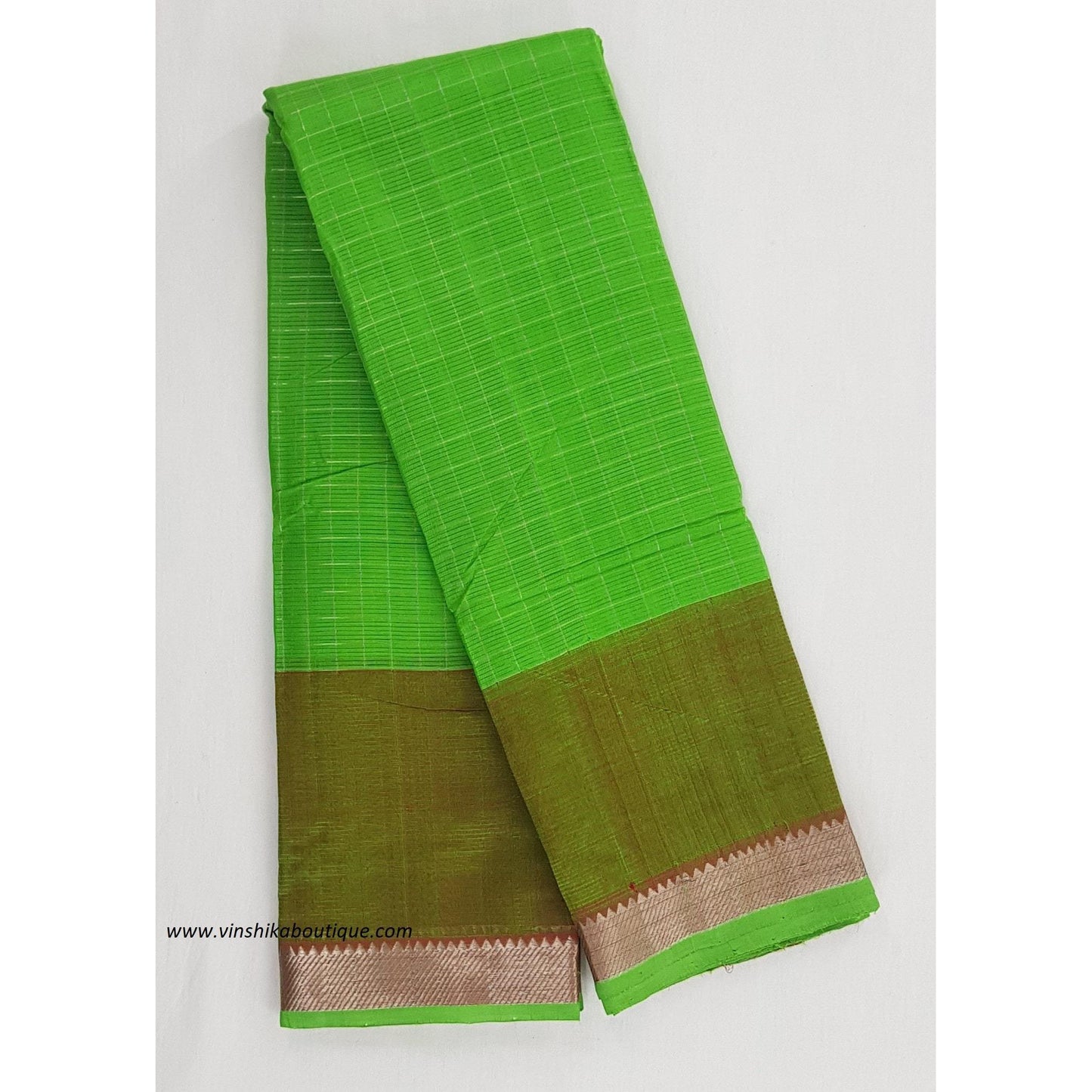 Parrot green and Red color mangalagiri silk saree with silver zari border - Vinshika