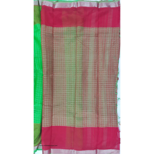 Parrot green and Red color mangalagiri silk saree with silver zari border - Vinshika