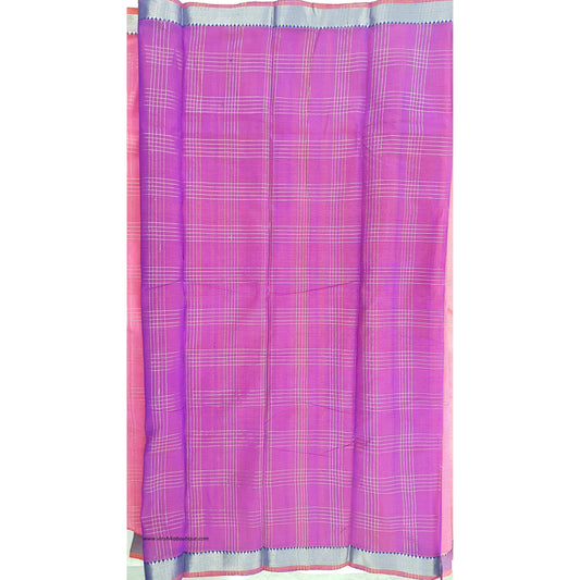 Neon Pink color mangalagiri silk saree with silver zari border - Vinshika