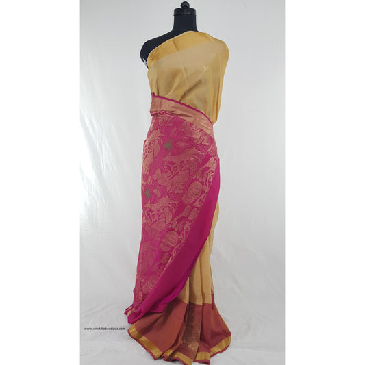 Cream and Pink Kanjeevaram silk saree - Vinshika