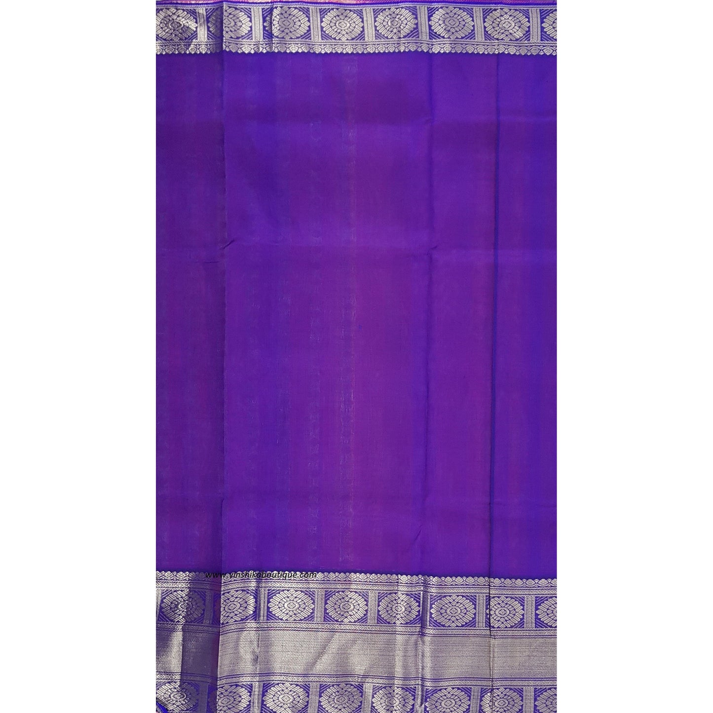 Pink and Blue color Handwoven Kuppadam Pattu Silver Zari Heavy Kanchi border Saree - Vinshika