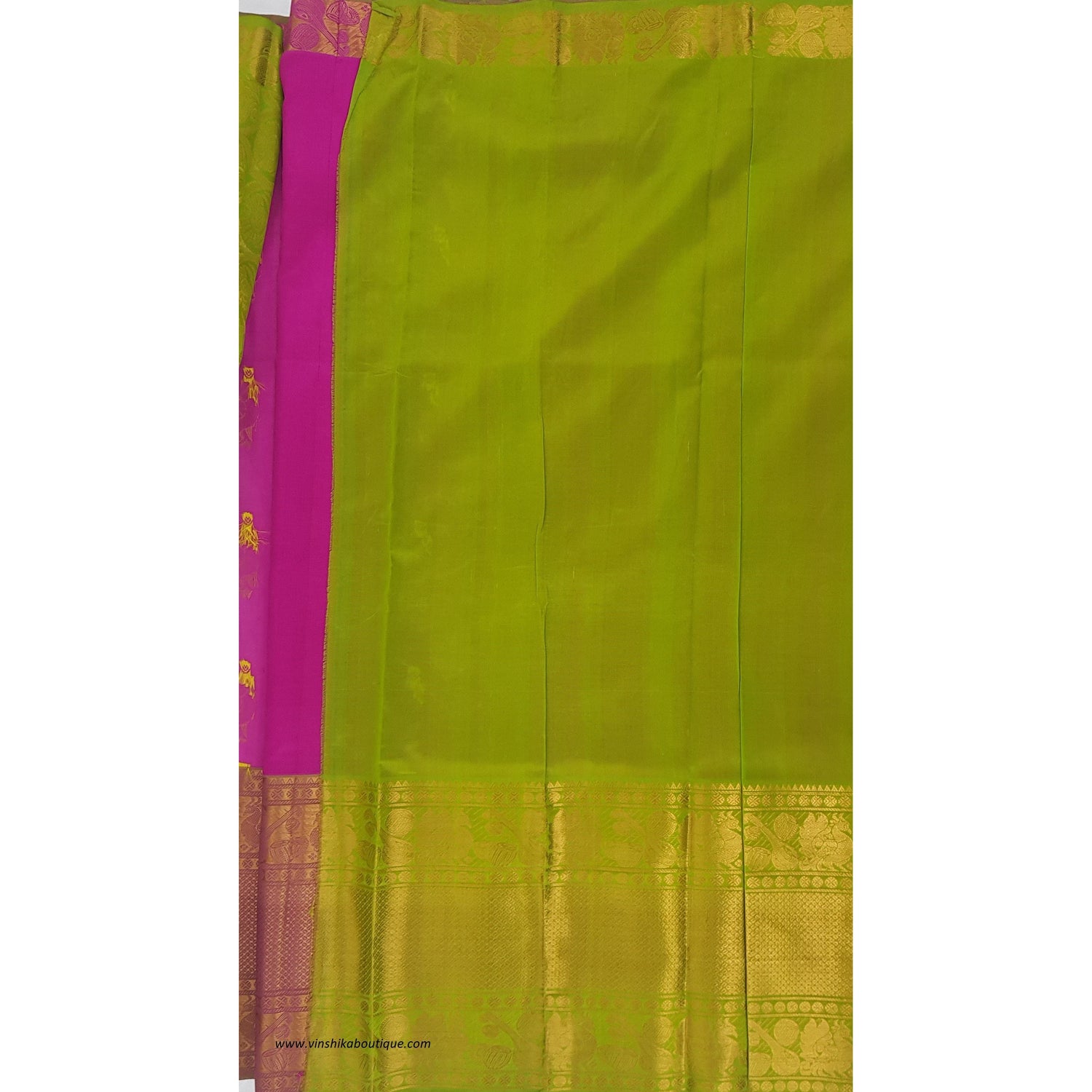 Pink and Green color Handwoven Kuppadam Pattu Golden Zari Heavy Kanchi border Saree - Vinshika