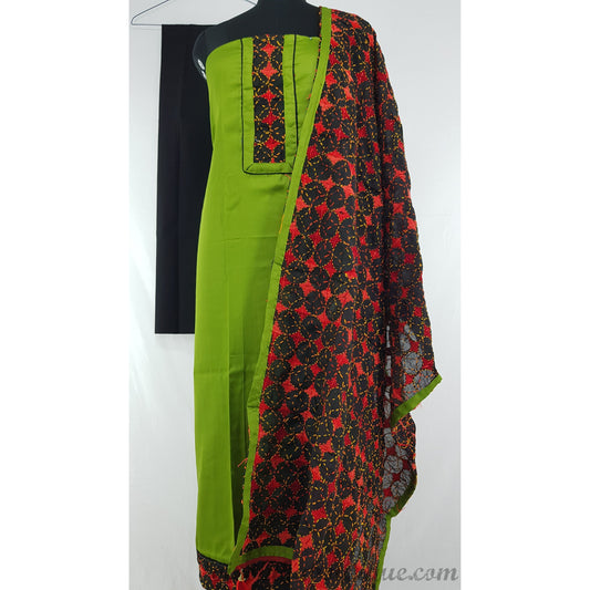 Spun Cotton phulkari patch work green and black color salwar set - Vinshika