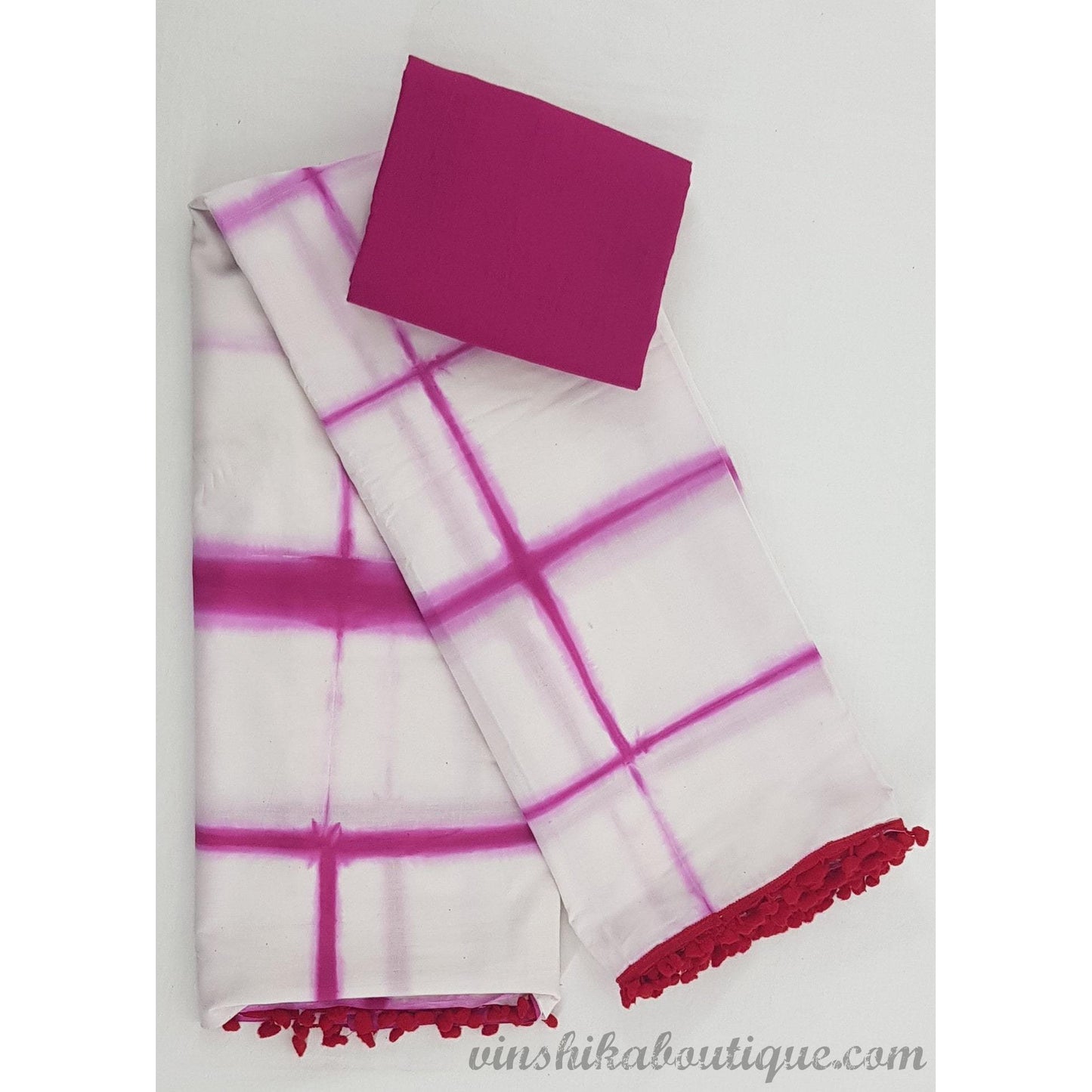 Bagru white and pink color mul cotton pom pom saree - Vinshika