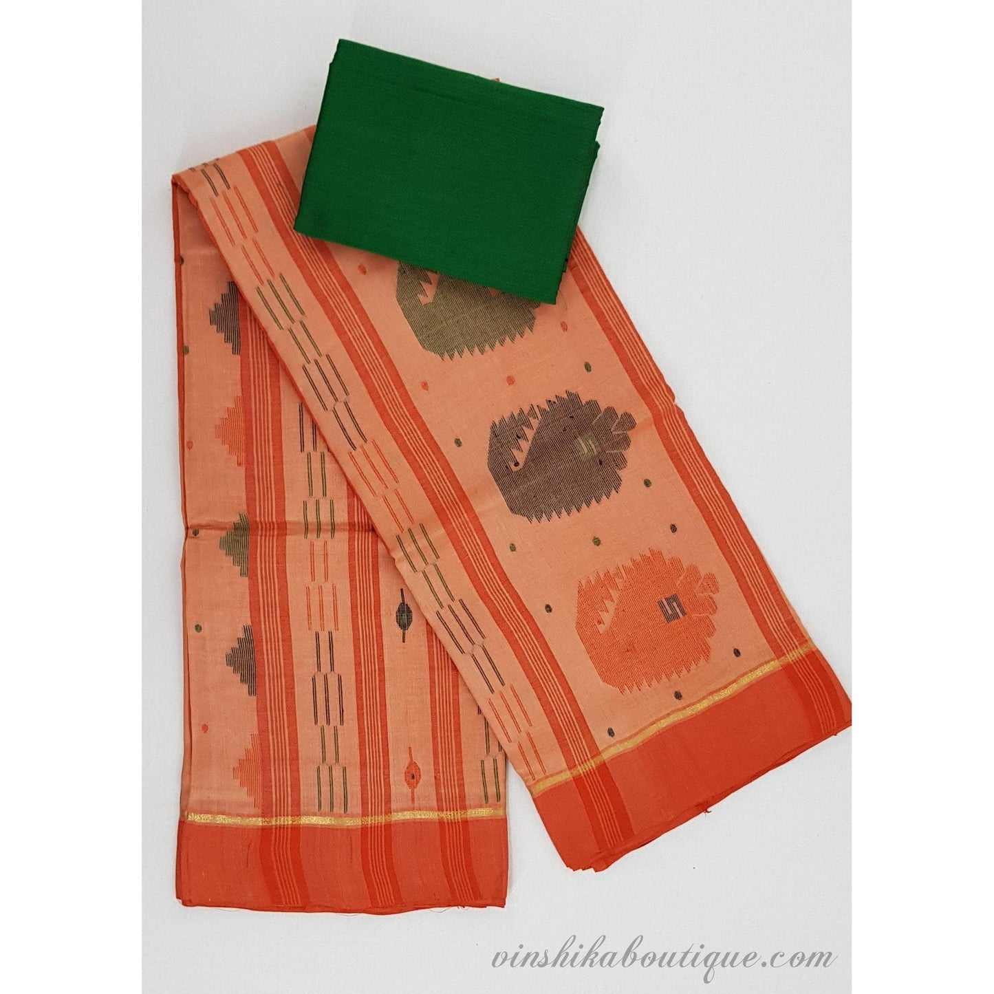 Peach color Handloom Muslin Jamdani silk saree - Vinshika