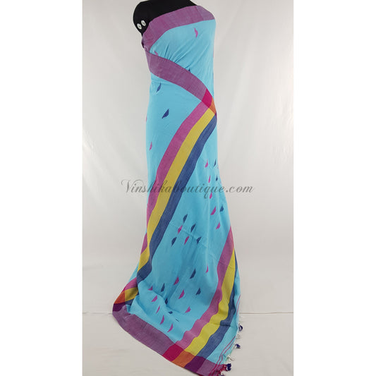 Sky Blue and pink color Handmade yarn cotton jamdani buttis handwoven saree - Vinshika