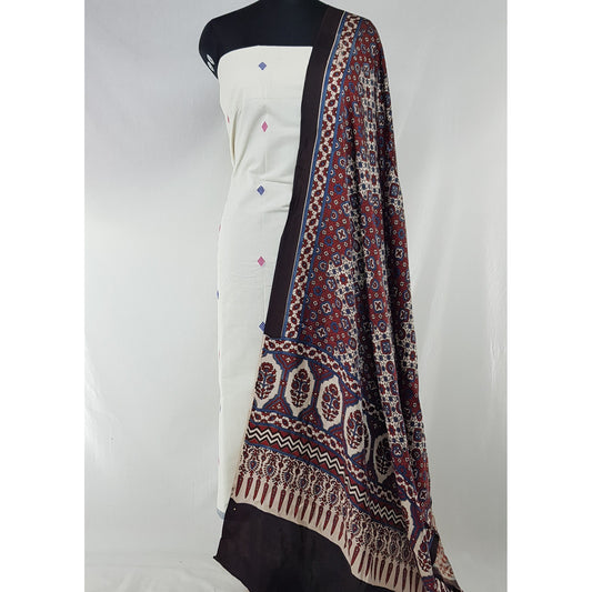 Hand printed natural dyed Ajrakh modal silk dupatta with handmade yarn  cotton jamdani butta  top / Salwar Set - Vinshika