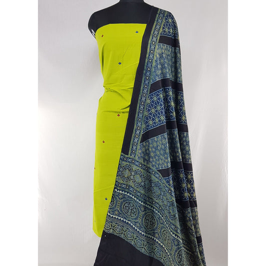 Hand printed natural dyed Ajrakh modal silk dupatta with handmade yarn  cotton jamdani butta  top / Salwar Set - Vinshika