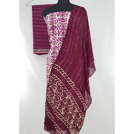 Bagru Hand Printed Cotton Salwar Set with Chiffon Dupatta - Vinshika