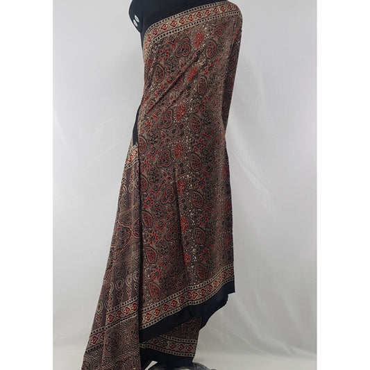 Ajrakh hand block printed natural dyed Modal Silk saree with Tassels - Vinshika