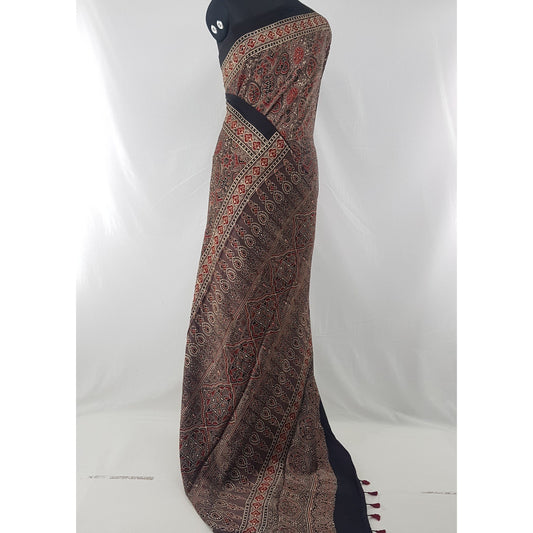 Ajrakh hand block printed natural dyed Modal Silk saree with Tassels - Vinshika