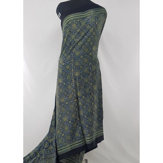 Ajrakh hand block printed natural dyed Modal Silk saree with Tassels - Vinshika