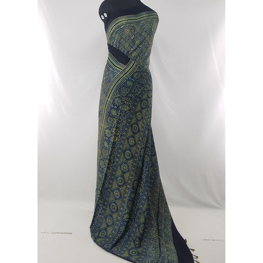 Ajrakh hand block printed natural dyed Modal Silk saree with Tassels - Vinshika