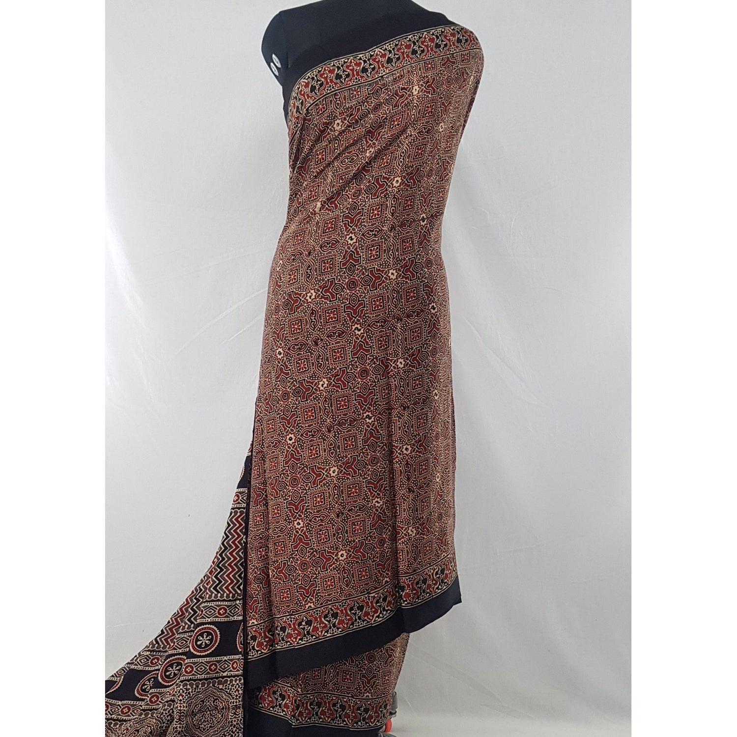 Ajrakh hand block printed natural dyed Modal Silk saree with Tassels - Vinshika