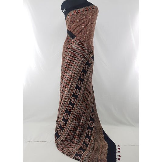 Ajrakh hand block printed natural dyed Modal Silk saree with Tassels - Vinshika