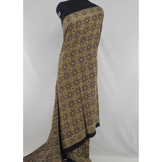 Ajrakh hand block printed natural dyed Modal Silk saree with Tassels - Vinshika