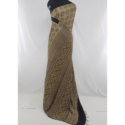 Ajrakh hand block printed natural dyed Modal Silk saree with Tassels - Vinshika