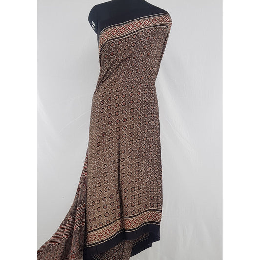 Ajrakh hand block printed natural dyed Modal Silk saree with Tassels - Vinshika