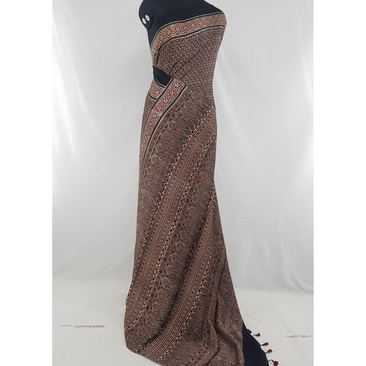 Ajrakh hand block printed natural dyed Modal Silk saree with Tassels - Vinshika