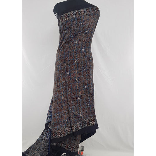 Ajrakh hand block printed natural dyed Modal Silk saree with Tassels - Vinshika