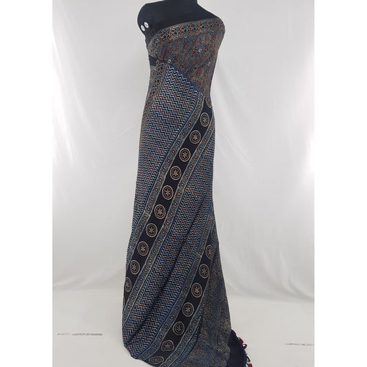 Ajrakh hand block printed natural dyed Modal Silk saree with Tassels - Vinshika