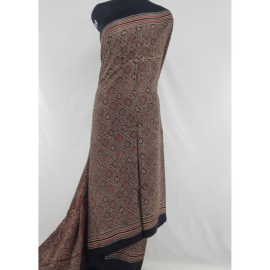 Ajrakh hand block printed natural dyed Modal Silk saree with Tassels - Vinshika